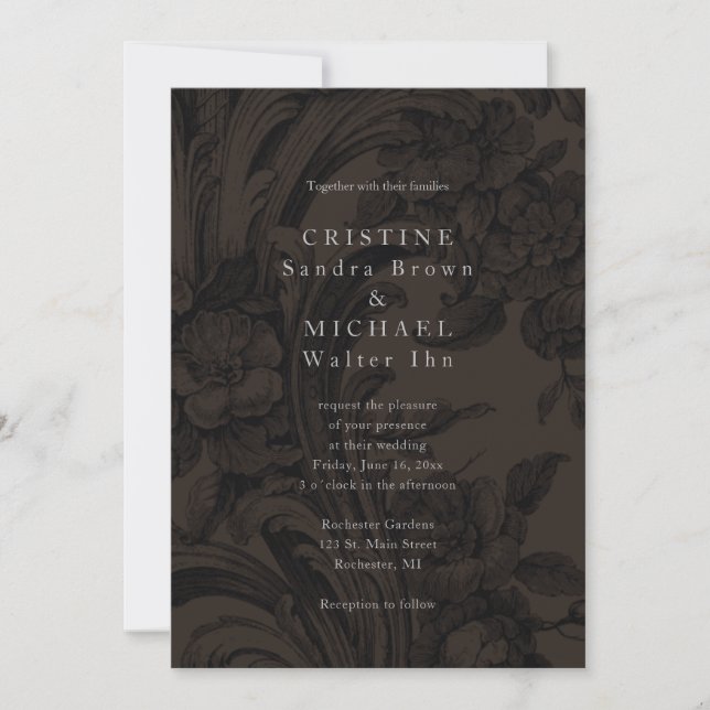 Dark brown ornamental elegant wedding invitation (Front)