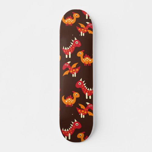 Dark Brown Red and Orange Spiked Dinosaurs Skateboard Deck