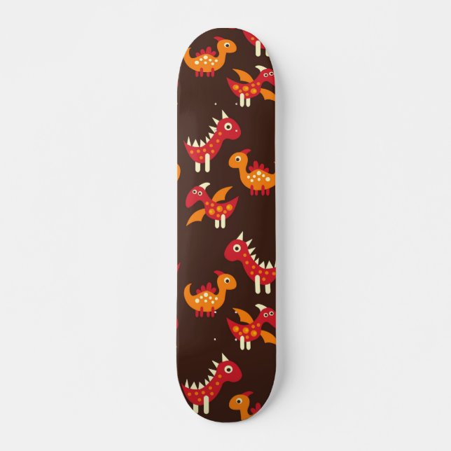 Dark Brown Red and Orange Spiked Dinosaurs Skateboard Deck (Front)