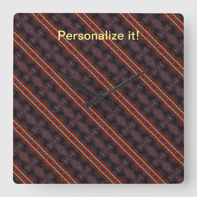 Dark brown, red, green, yellow tilled, mirrored square wall clock (Front)