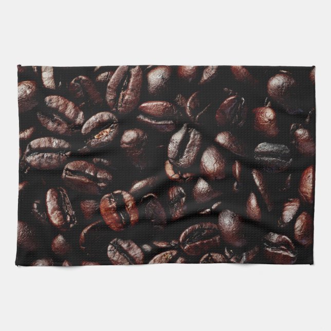 Dark Brown Roasted Coffee Beans Texture Kitchen Towel (Horizontal)