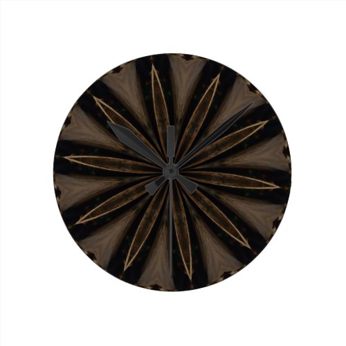 Dark Brown Rustic Kaleidoscopic Flower Art Round Clock
