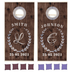 Dark Brown Rustic Wood & Elegant Monogram Weddings Cornhole Set