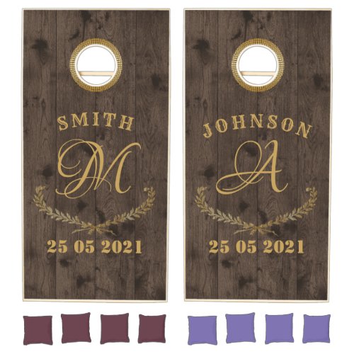 Dark Brown Rustic Wood  Elegant Monogram Weddings Cornhole Set