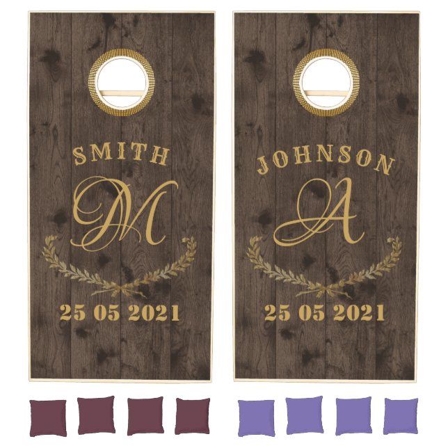 Dark Brown Rustic Wood & Elegant Monogram Weddings Cornhole Set (Set)