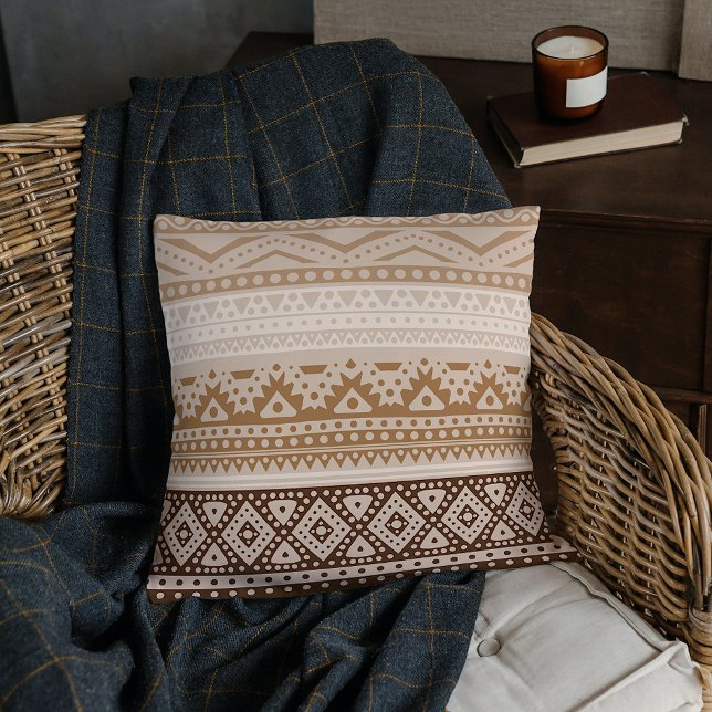 Dark Brown Tan Taupe Beige Ivory Tribal Art Throw Pillow (Creator Uploaded)
