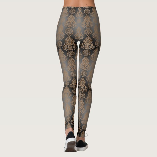 Dark Brown, Taupe Damask Scroll  "Burnout Look" Leggings (Back)