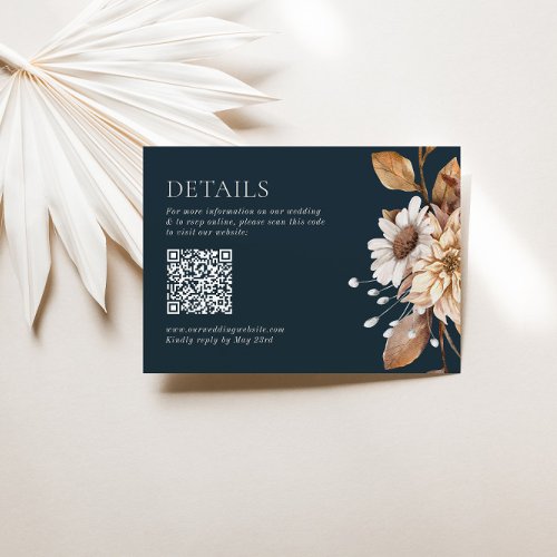 Dark Brown  Terracotta Floral Boho Navy QR Code Enclosure Card