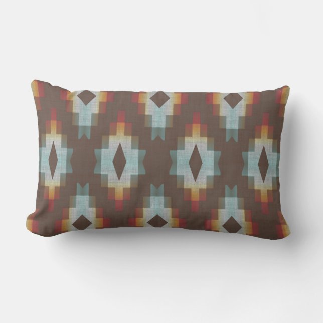 Dark Brown Terracotta Red Blue Gray Tribal Art Lumbar Pillow (Front)