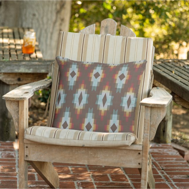 Dark Brown Terracotta Red Blue Gray Tribal Art Outdoor Pillow (Chair)