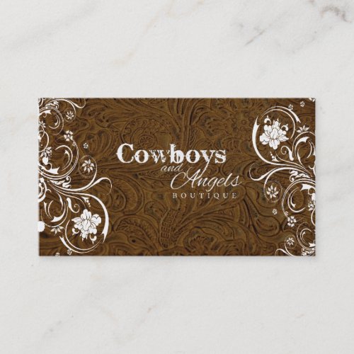 Dark Brown Tooled Leather and Lace Business Card