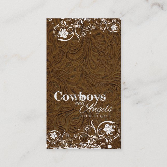 Dark Brown Tooled Leather and Lace Business Card (Front)