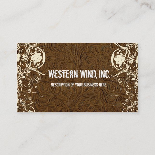 Dark Brown Tooled Leather and Lace Business Card (Front)