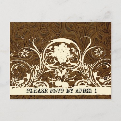 Dark Brown Tooled Leather RSVP Invitation Postcard