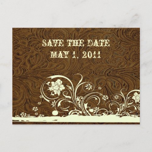 Dark Brown Tooled Leather Save the Date Announcement Postcard