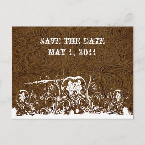 Dark Brown Tooled Leather Save the Date Announcement Postcard