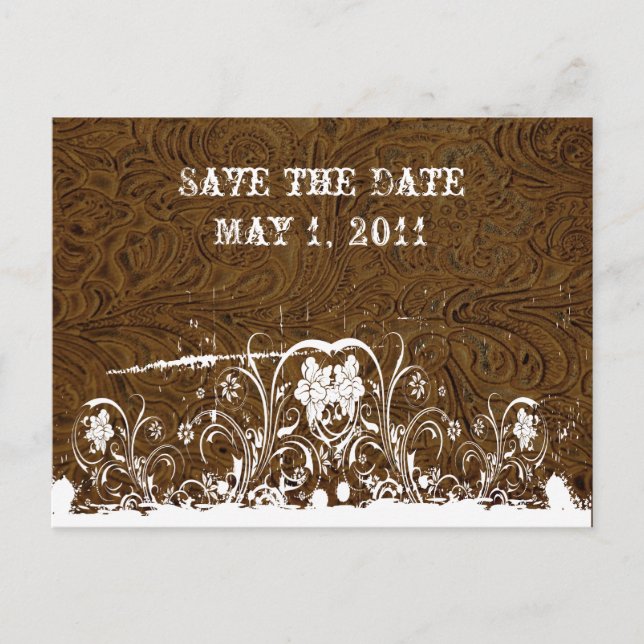 Dark Brown Tooled Leather Save the Date Announcement Postcard (Front)