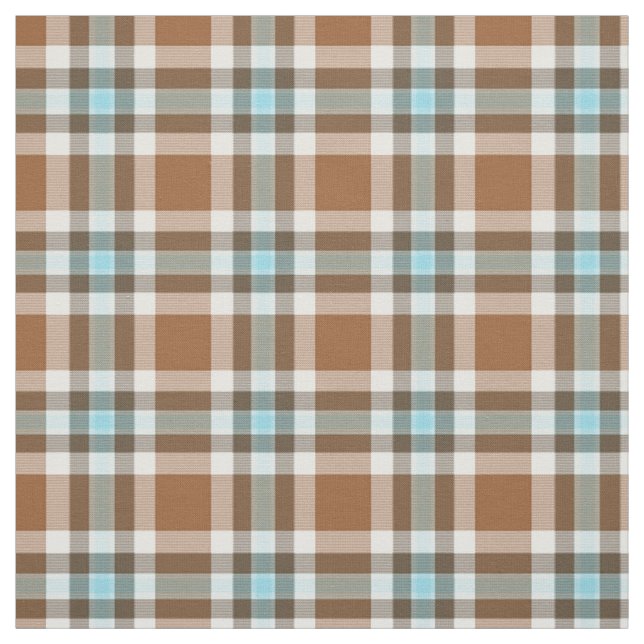Dark Brown Turquoise Blue Tartan Squares Pattern Fabric (Swatch)