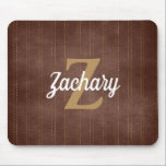 Dark Brown Vintage Pinstripe Retro Monogram Mouse Pad<br><div class="desc">This design features a vintage pattern of tan pinstripes on a dark brown background. Personalize it with your monogram initial in golden tan and your name in white retro script.</div>