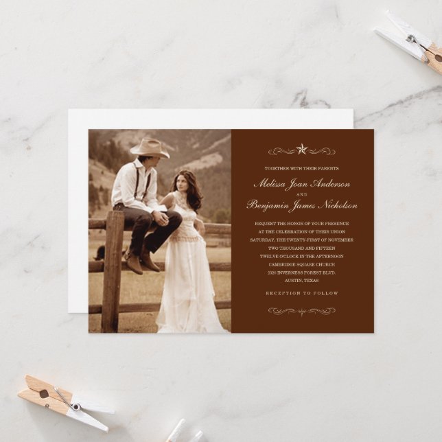Dark Brown Western Photo Wedding Invitations | Zazzle
