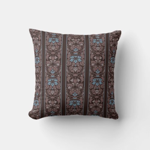 Dark brown with blue flowers stripe throw pillow