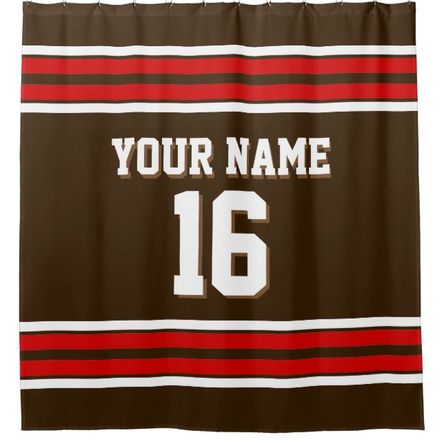 Dark Brown with Red White Stripes Sports Jersey Shower Curtain (Front)