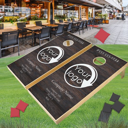 Dark Brown Wood  Add Your Logo White Script Cornhole Set