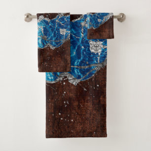 Dark Brown Wood and Blue Abstract Digital art Bath Towel Set