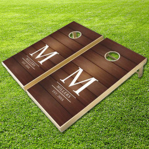 Dark Brown Wood Family Name Monogram Cornhole Set