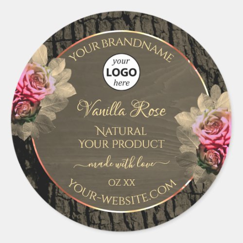 Dark Brown Wood Grain Pink Rose Product Label Logo