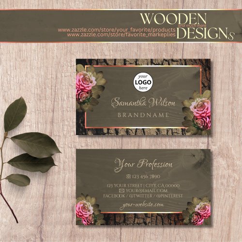 Dark Brown Wood Grain Pink Roses Tree Bark Logo Business Card