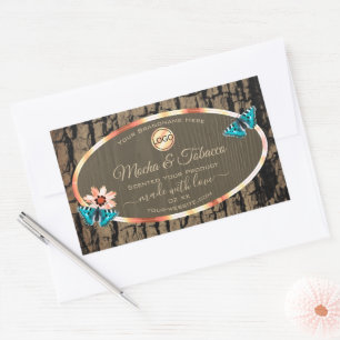 Dark Brown Wood Product Label Butterflies and Logo