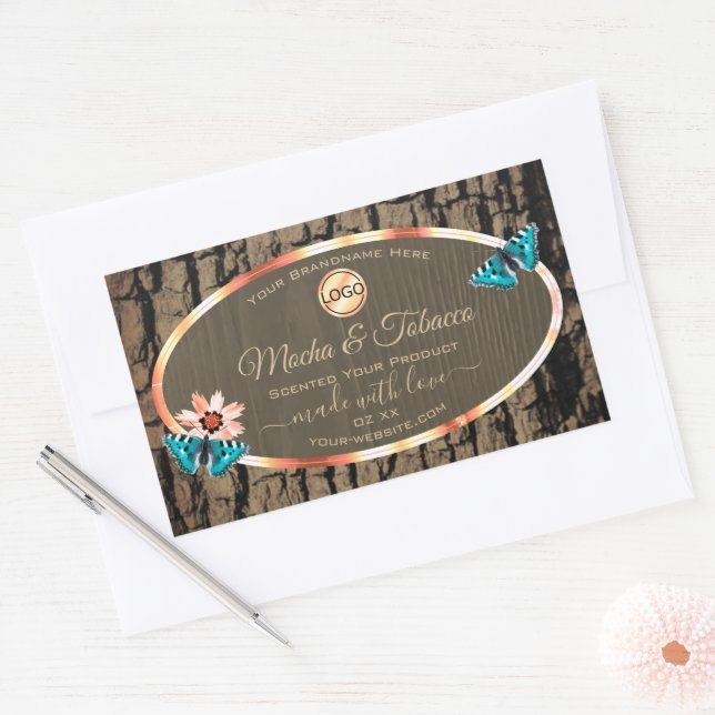 Dark Brown Wood Product Label Butterflies and Logo (Envelope)