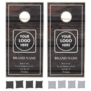 Dark Brown Wood White Script Logo Branding Cornhole Set