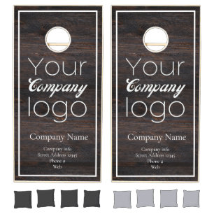 Dark Brown Wood White Script Your Logo Here Cornhole Set