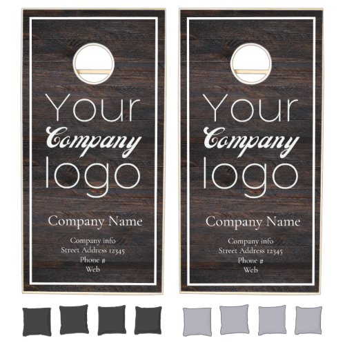 Dark Brown Wood White  Script Your Logo Here  Cornhole Set