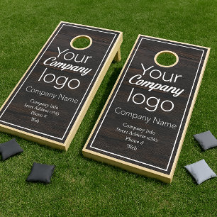 Dark Brown Wood White Script Your Logo Here Cornhole Set