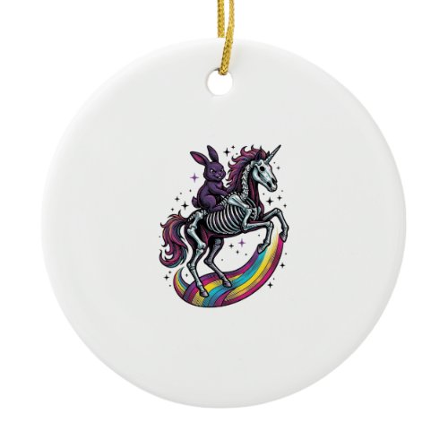 Dark Bunny Riding Skeleton Unicorn Vintage Engravi Ceramic Ornament