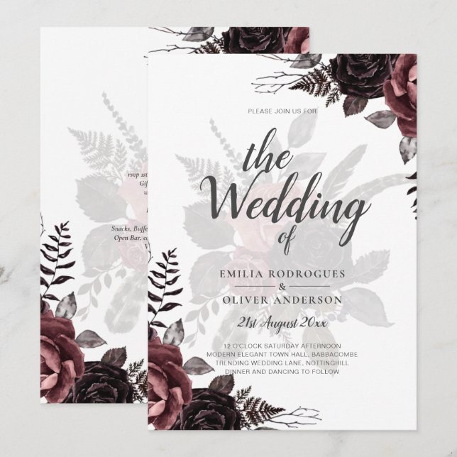 Dark Burgundy Black Roses Wedding Fall Winter Invitation (Front/Back)