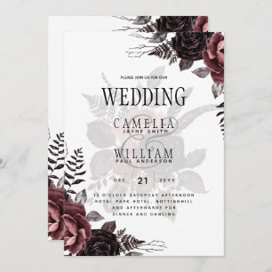 Dark Burgundy Black Roses Wedding Fall Winter Invitation