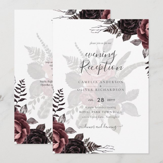 Dark Burgundy Black Roses Wedding Fall Winter Invitation (Front/Back)