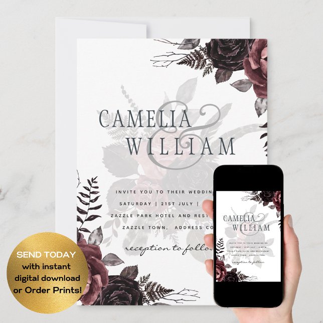 Dark Burgundy Black Roses Wedding Fall Winter Invitation (Creator Uploaded)