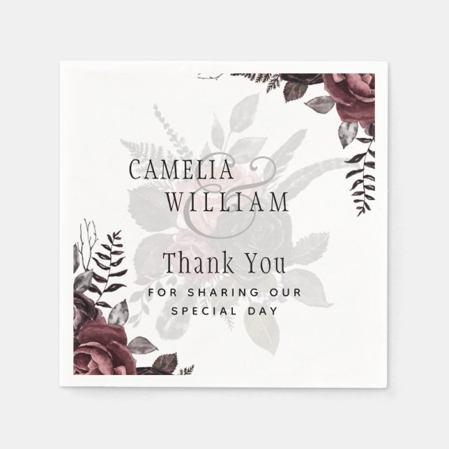 Dark Burgundy Black Roses Wedding Fall Winter Napkins (Front)