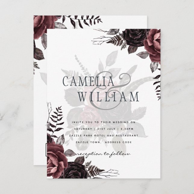 Dark Burgundy Black Roses Wedding Fall Winter Postcard (Front/Back)
