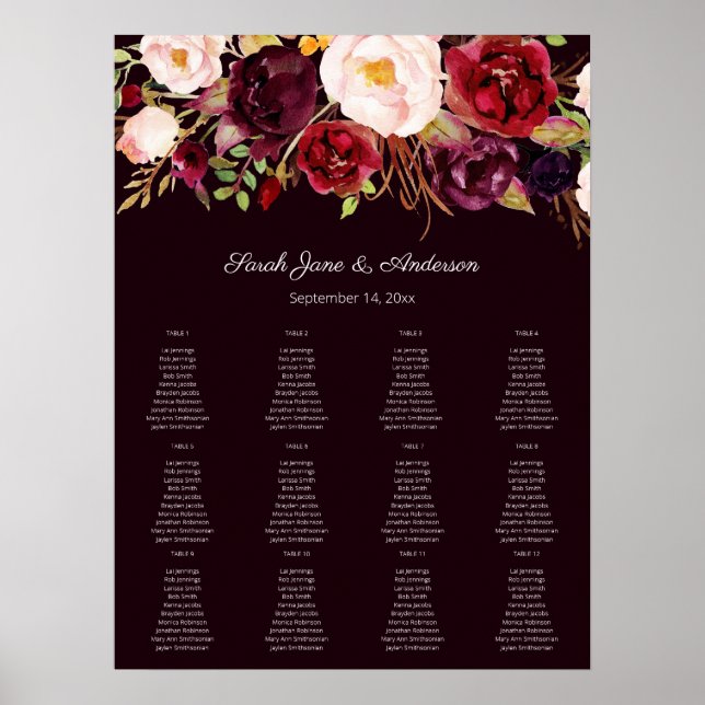 Dark Burgundy Blush Floral Seating Chart 12 (Front)