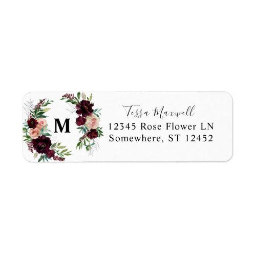 Dark Burgundy  Blush Pink Floral 2 Return Address Label