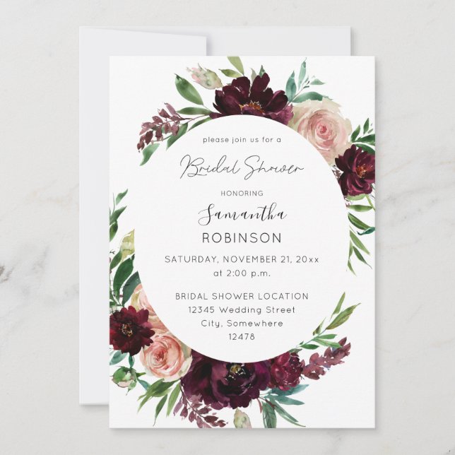 Dark Burgundy & Blush Pink Floral Bridal Shower Invitation (Front)