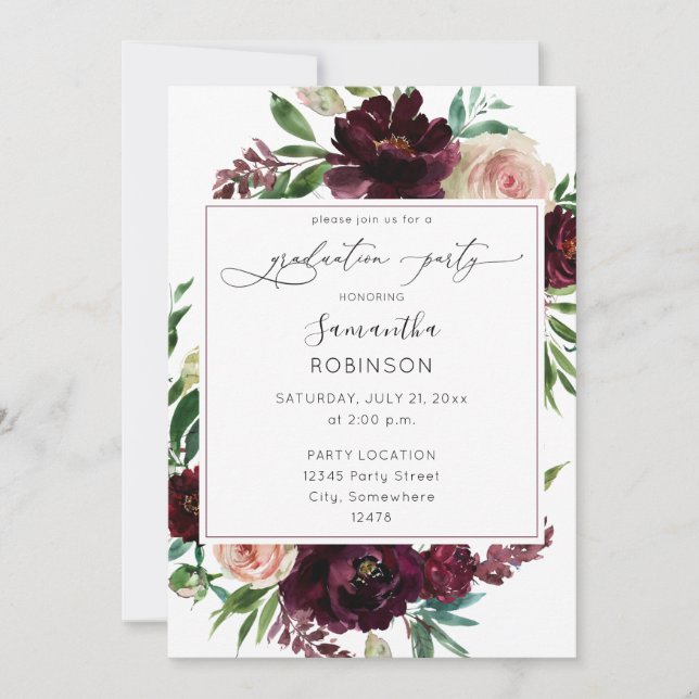 Dark Burgundy & Blush Pink Floral Graduation Party Invitation (Front)