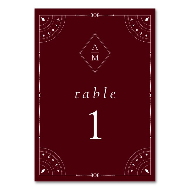 Dark Burgundy Celestial Moon & Stars Table Number (Front)