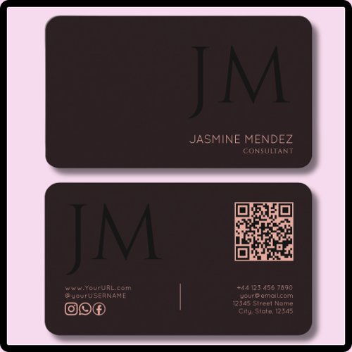 Dark Burgundy Coral Black Monogram QR Code Modern Business Card